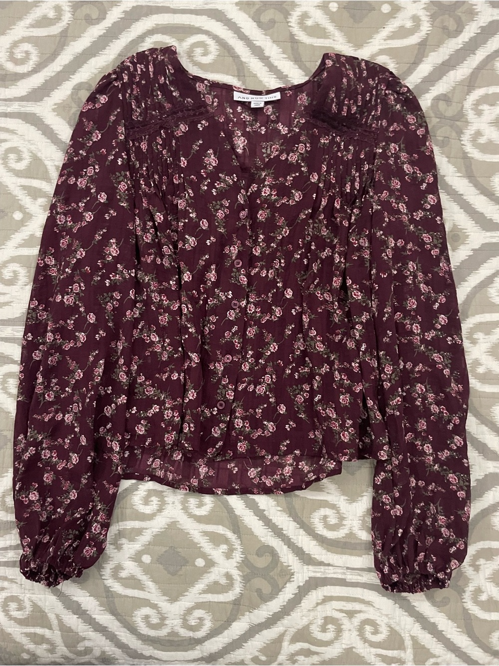 Burgandy Plum Floral Peasant Blouse